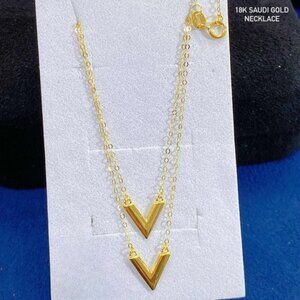 18k real saudi yellow gold LIGHT WEIGHT DOUBLE “V” PENDANT Necklace 18”
